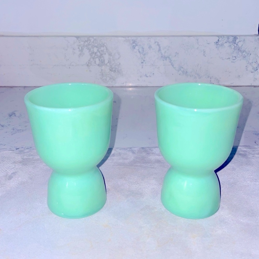 Fire King Green Jadeite Egg Cups Pair Made by Anchor Hawking Excellent Condition